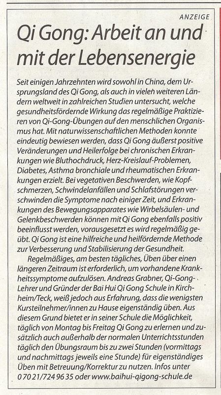 Bai Hui Qi Gong Schule - Presse